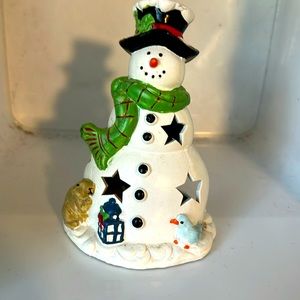 One snowman votive/tea, light, ceramic candle.